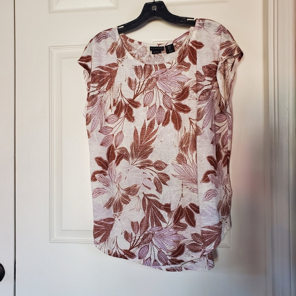 Tahari 100% Linen Floral Leaf Blouse Pullover Cap Sleeves‎ Lightweight Medium